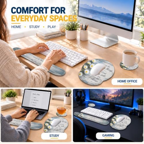 Bible Verse Daisy Ergonomic Wrist Rest Mouse Pad Set with Keyboard Cushion