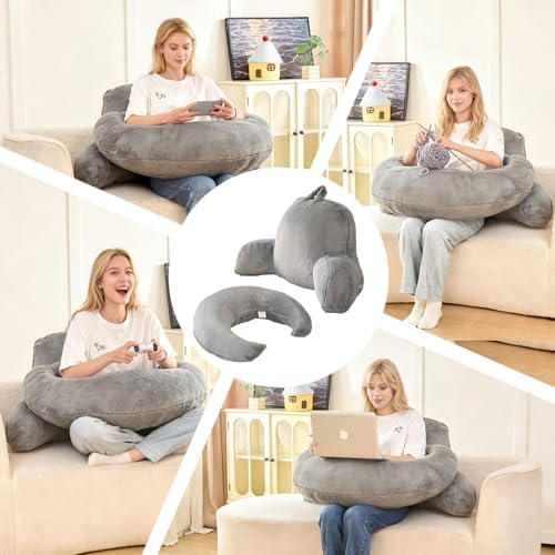 17" Reading Pillow for Bed,U Shaped Arm & Elbow Support,Gray Faux Fur
