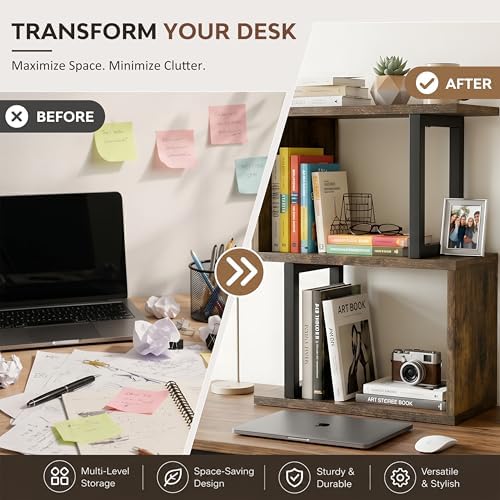 Desk Organizer & Desk Hutch Shelf, Wood, Rustic Brown