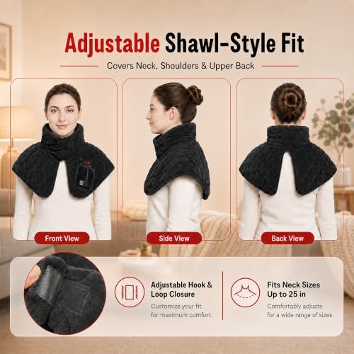 Neck Heating Pad for Neck and Shoulder Pain, 660nm & 850nm LED Shoulder Wrap, Heated Neck Wraps with 3 Heat & 3 Vibration Settings, USB Powered Soft Neck Warmer