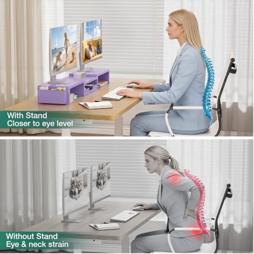 OPNICE Desk Organizer and Accessories, Computer Monitor Stand Riser with Drawer and 2 Pen Holders, Laptop Stand, Office Desk Accessories for Office Supplies, Purple