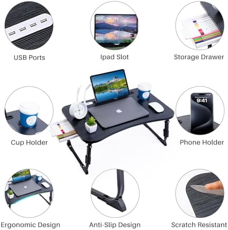 BYMECOST Laptop Desk for Bed, Height Adjustable Laptop Bed Table, Foldable Portable Lap Desk Stand with USB/Storage Drawer/Cup Holder/Slot, Breakfast Tray for Working Reading Writing Eating