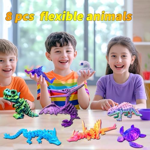 8pcs 3D Printed Dinosaur, Snake Turtle Pterosaur T-Rex Fidget Toys,Crystal Dragon Flying Dragon，Desk Executive Toy，Easter,Toys for Boys Kids Teen 5-7 4-6 8-12