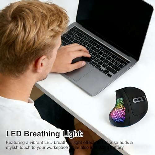 Bluetooth Wireless Dual-Mode Vertical Mouse - Silent Click, Ergonomic Comfort for Office & Home Use, Rechargeable with LED Breathing Light, Compatible with Multiple Devices (Black)