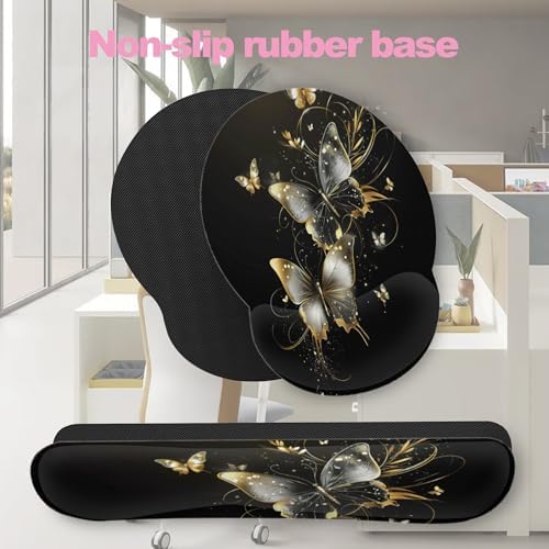 Golden Butterfly Keyboard Wrist Rest Pad Mouse Pad Set,Ergonomic Mousepad Wrist Support Memory Foam Desk Pad for Gaming Office,Non-Slip Rubber Base Easy Typing for Home Office Computers