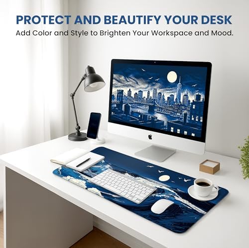 Aesthetic Desk Mat, Cute Moonlit Waves Desk Pad Protector for Work & Decor, 31.5" x 11.8", Pretty Non-Slip Extended Mouse Pad for Office or Home