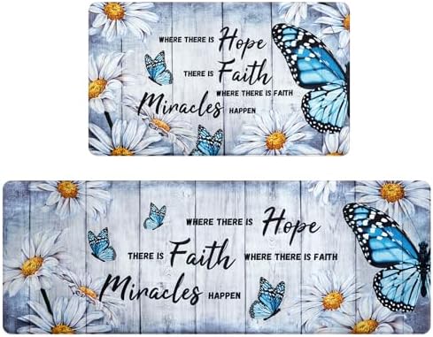 Likiyol Butterfly Floral Kitchen Rugs 2 Piece Farmhouse Kitchen Mats Cushioned Anti Fatigue, Non Slip Washable Kitchen Mats for Floor White Daisy Comfort Mat for Home Sink, 18'' x 30'' + 18'' x 48''
