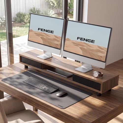 Fenge Dual Monitor Stand with Storage, Desk Shelf with Glass Sliding Door