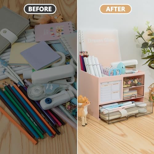 QIYVLOS Multi-Functional Desk Organizer with 3 Drawer and 8 Compartments, Pink