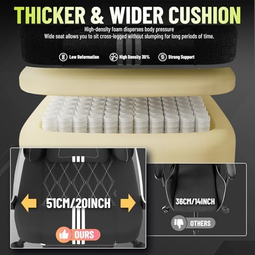 Ferghana Cotton Fabric Gaming Chair – Wider Seat Cushion, Diamond Double-Stitching, Ergonomic High Back with Footrest, Computer Gamer Chair Featuring Massage Lumbar Support for Adults (Black/White)