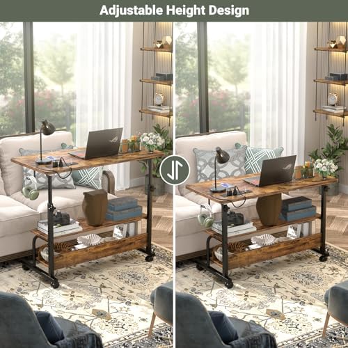 Besiost 32" Height Adjustable Standing Desk with Power Outlets - Manual Rolling Stand Up Desk with Wheels Small Portable Computer Desk Mobile Laptop Table with Storage Shelves for Home Office, Rustic