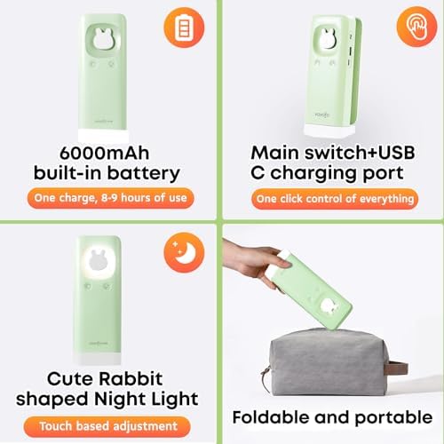 VAVOFO Cute Bunny Desk Lamp, Foldable LED Rechargeable Eye-Caring Reading Light, 3 Color Modes Dimmable Night Light for Kids Girls Bedroom Study Dorm Room (Mint Green)