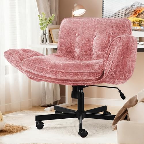 Criss Cross Chair with Wheels & Arms, Chenille Cross Legged Office Chair with 5-level Folding Armrest, Comfortable Adjustable Swivel Vanity Chair for Home, Make Up, Bed Room, Office, Accent (Pink)