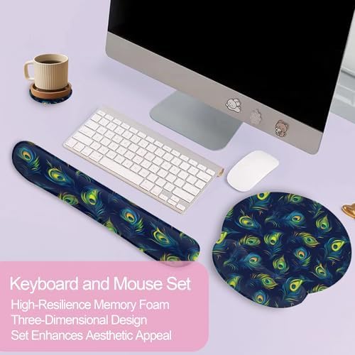 Blue Peacock Feather Keyboard Wrist Rest Pad and Mouse Pad Wrist Support Set,3-in-1 Ergonomic Mouse Pad with Non-Slip Rubber Base for Home Office Game Computers Desk,