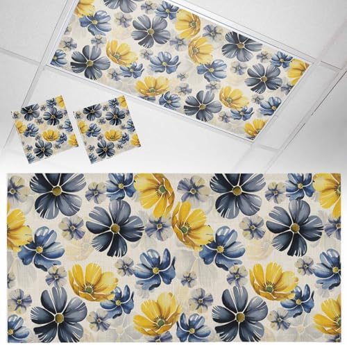 Retro Beige Yellow Flower Magnetic Fluorescent Light Covers for Ceiling Lights 2 x 4 Feet,Ombre Blue Green Blossom Floral Office Classroom Kitchen Drop Ceiling Light Covers Filters Shade Panel 2 Packs