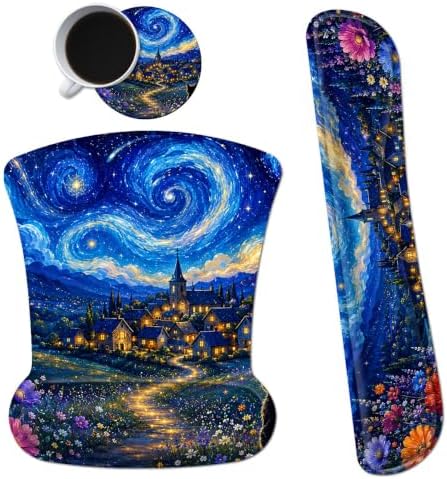 3-in-1 Ergonomic Memory Foam Keyboard Wrist Rest Pad Set, Galaxy Cat