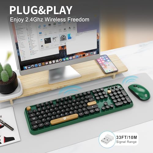 FOPETT Wireless Keyboard and Mouse Combo, 104 Keys Full-Sized 2.4 GHz Round Keycap Colorful Keyboards, USB Receiver Plug and Play, for Windows, Mac, PC, Laptop, Desktop (Black Green)