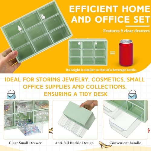 Wenqik 2 Pcs Mini Storage Drawers with 9 Clear Drawers, Green