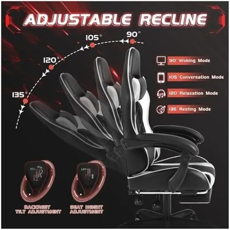 Leather Gaming Chair Massage Ergonomic Gamer Height Adjustable Computer with Footrest & Lumbar Support