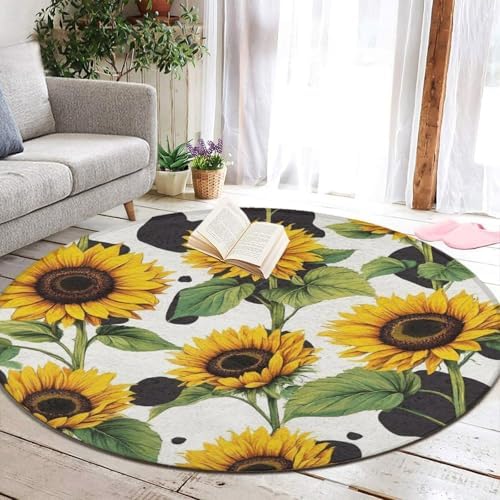 Room Sofa Yoga Soft Round Carpet, Home Decor Non Slip Kitchen Office Circle Rug, Machine Washable Modern Round Area Rug 80s Vintage Cow Print Sunflowers, 60inch