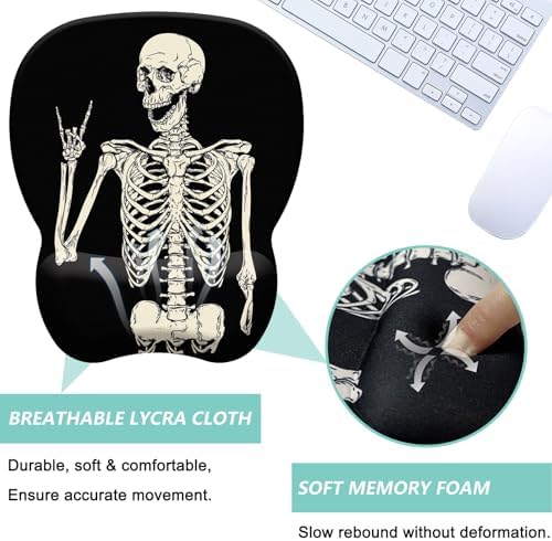 Mouse Pad with Wrist Support, Ergonomic Mousepad with Comfortable Memory Foam Wrist Rest Cushion, Relieve Wrist Pain, Non-Slip Rubber Base Gaming Mice Pad for Home Office Computer, Human Skeleton