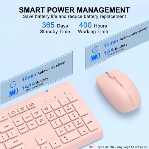 Wireless Keyboard and Mouse Combo, Full-Size Silent Ergonomic Keyboard and Optical Mouse, Long Battery Life, 2.4GHz Lag-Free Cordless Mice Keyboard for Computer, Mac, Laptop, PC, Windows(Pink)