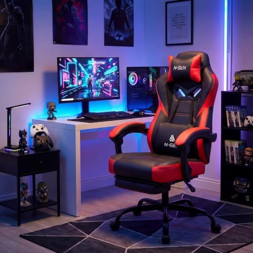 N-GEN GAMING Big & Tall Gaming Chair with Footrest and Lumbar, Red Black