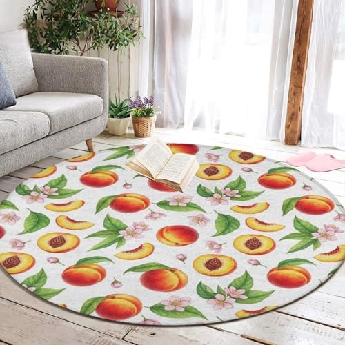 Men's Large Home Decor Mat, Soft Round Yoga Carpet, Non Slip Machine Washable Home Office Circle Rug Watercolor Tropical Peach Leaves Flowers, 60inch