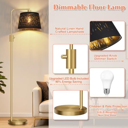 【Upgraded】 Dimmable Gold Floor Lamp, 1000 Lumens LED Edison Bulb Included, Arc Black Floor Lamps for Living Room Modern Standing Lamp with Black Grid Shade, Tall Lamps for Living Room Bedroom Office