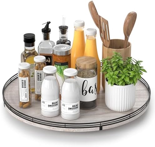 AMH 18-Inch Whitewashed Farmhouse Wooden Lazy Susan Organizer