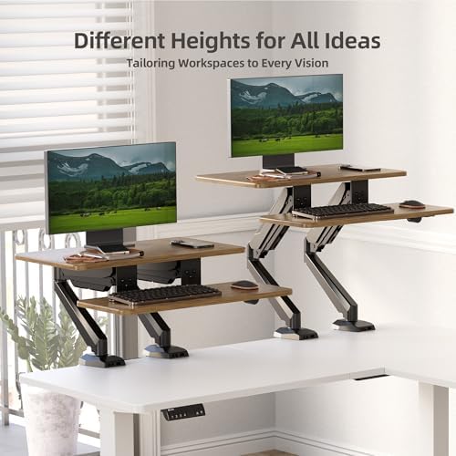 Claiks 24-Inch Sit-Stand Workstation，Innovative Space-Saving Height-Adjustable Ergonomic Desk Converter with Wide Keyboard Tray，Dual Fixation and Flexible Rotation Function, Rustic Brown