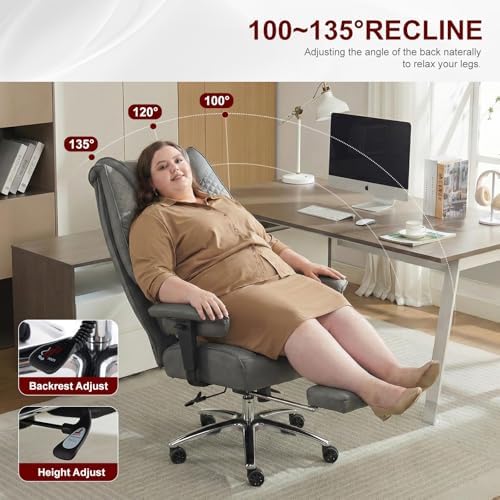 EXCEBET Big and Tall Office Chair 400lbs Wide Seat, Leather High Back Executive Office Chair with Foot Rest, Ergonomic Chairs Lumbar Support for Lower Back Pain Relief (Grey)