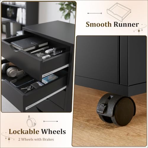 5 Drawer Chest, Under Desk Storage Mobile File Cabinet with Wheels, 5 Office Drawer for Home & Office Printer Stand, Black