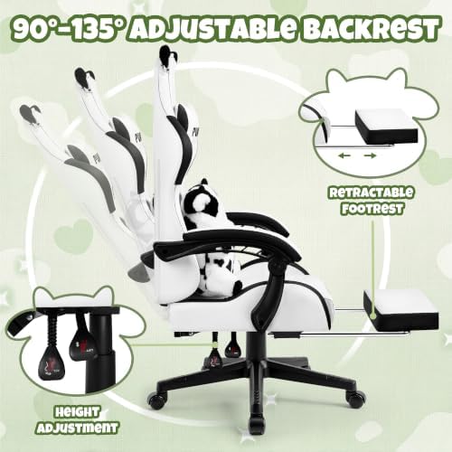 Cute Gaming Chair with Cow Paw Lumbar Cushion, Ergonomic Gaming Computer Desk Chair with Footrest and Linked Armrests, Comfortable Cute Cow PU Leather Game Chair for Teen and Adults