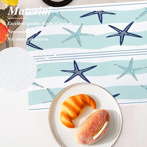 Shrahala Duotone Blue Nautical Starfish Placemats, Dark Blue Coastal Stripe Table Mat Linen Burlap Washable Double-Deck Heat Insulation for Dining Table Kitchen Table Set of 4 (12 x 18 inch)