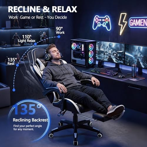 Mr IRONSTONE Black Gaming Chair with Footrest, Ergonomic High Back Gamer Chair with Massage Lumbar Support, Reclining Video Game Chair with Adjustable Headrest, Swivel Computer Desk Chair