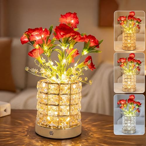 Flower Table Lamps, Rechargeable Cordless Small Desk Lamp, 3 Colors Dimmable Artificial Flowers Night Light, Fake Bouquet Carnation with Crystal Vase Gifts for Girl Women Mom (Red - Carnation)