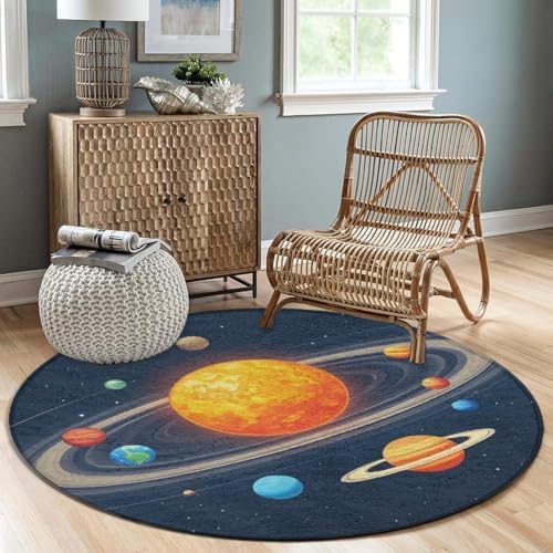 Men's Large Home Decor Mat, Soft Round Yoga Carpet, Non Slip Machine Washable Home Office Circle Rug Solar System Space