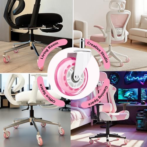 Pink Office Chair Caster Wheels Set of 5, 3 Inch Heavy-Duty Rubber Chair Casters Replacement, Computer Gaming Desk Caster Wheels Smooth Rolling for Hardwood Carpet Tile Floors, 11 * 22mm Universal fit