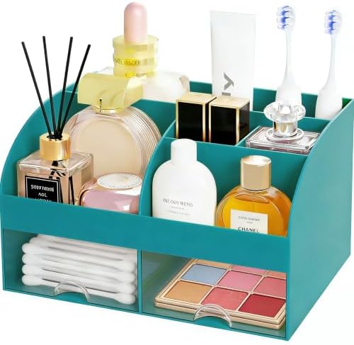 Makeup Organizer with 2 Drawers, Cosmetic Storage for Dresser Vanity and Bathroom Countertop,Make up organization and Skincare Storage with Beauty Brush Holder, Cosmetic Display Case (Dark Green)