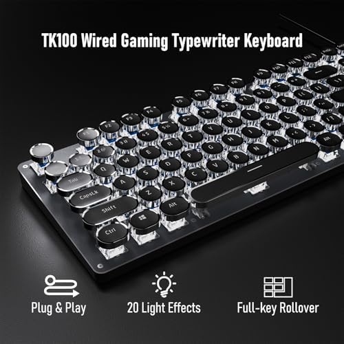 Wired Typewriter Style Mechanical Gaming Keyboard with White Backlit-Black
