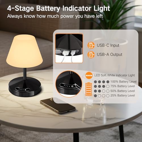 OUTON Rechargeable LED Shower & Table Lamp, Waterproof, USB Output, Stepless Dimming, 3 Colors, Power Indicator, Memory Function, Battery Operated Light for Home, Bathroom, Patio & Outdoor (Black)