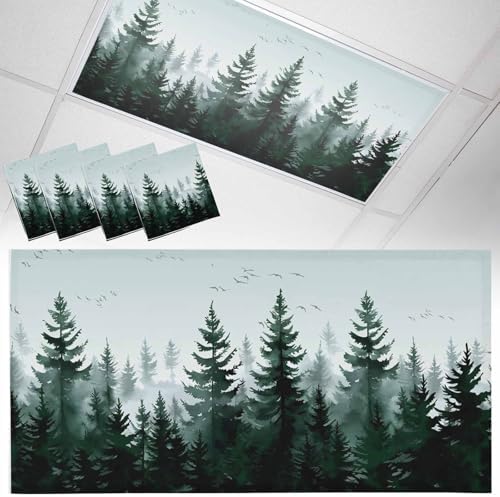 Pine Tree Forest Magnetic Fluorescent Light Covers for Ceiling Lights 2 x 4 Feet, Green Landscape Nature Decor Office Classroom Kitchen Drop Ceiling Light Covers Lighting Filters Shade Panel 4 Packs