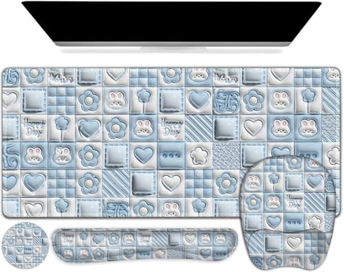 4 in 1 Large Mouse Pad, Keyboard Wrist Rest Set, Ergonomic Mouse Pad with Wrist Support, Desk Mat with Stitched Edges Extended Desk Pad Waterproof Desk Mat for Home Office Game I Cute Rabbit Baby Blue