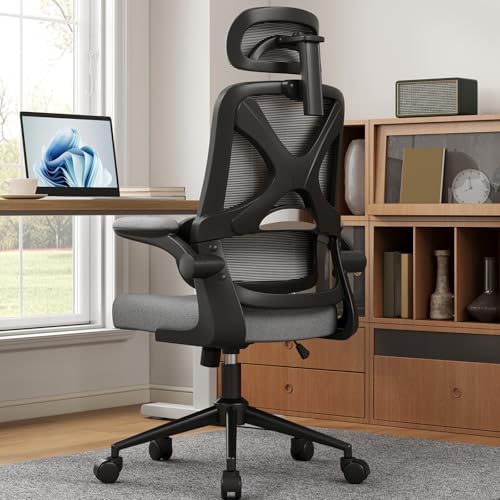 Ergonomic Office Chair - Desk Chair with Adjustable Headrest Lumbar Support Computer Chair - Mesh Comfy Chair with Flip-up Armrests - Gaming Chairs for Adults Home Office 330 LBS (Black+Gray)