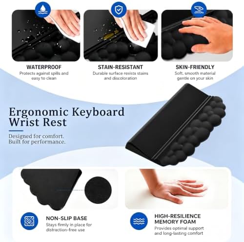 Cloud Keyboard Wrist Rest Set, 3 in 1 Ergonomic Memory Foam Keyboard Stand Pad with Mouse Wrist Support & Cup Holder, Anti-Slip Desk Cushion for Office Gaming Typing Pain Relief,Black
