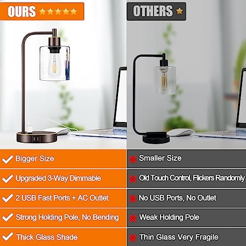 Industrial Touch Table Lamps Set of 2 - Bedside Lamps with 2 USB Ports & AC Outlet, 3-Way Dimmable Nightstand Desk Lamp for Bedroom Living Room, Glass Shade & 2 LED Bulbs Included - Oil-Rubbed Bronze