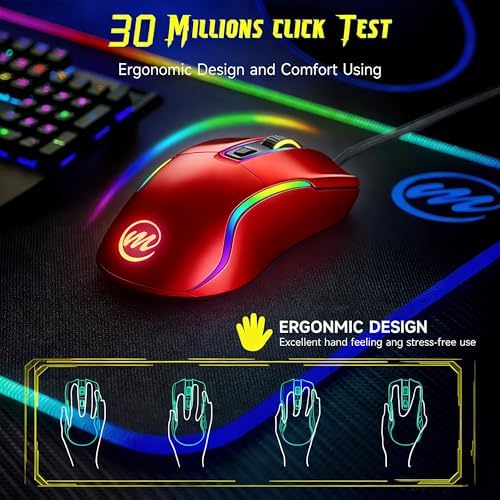 memzuoix Wired Gaming Mouse with RGB - 6 Adjustable DPI up to 12800, 6 Buttons, 12 Lighting Modes, Ergonomic Design with Anti-Slip Rubber Wheel, 5.6ft Braided Cable for PC/Mac/Windows - Red