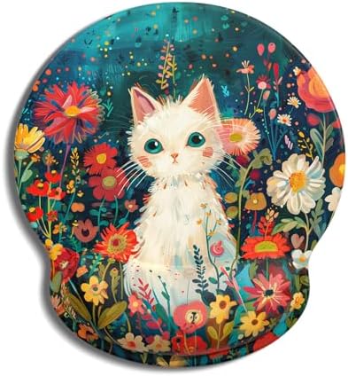 Auhoahsil Ergonomic Mouse Pad with Wrist Rest, Comfortable Silicone Non-Slip Computer Pain Relief Gel Mouse Mat with Wrist Support for Gaming, Work, Office, Women & Men, Cute Pattern, Cat Flowers