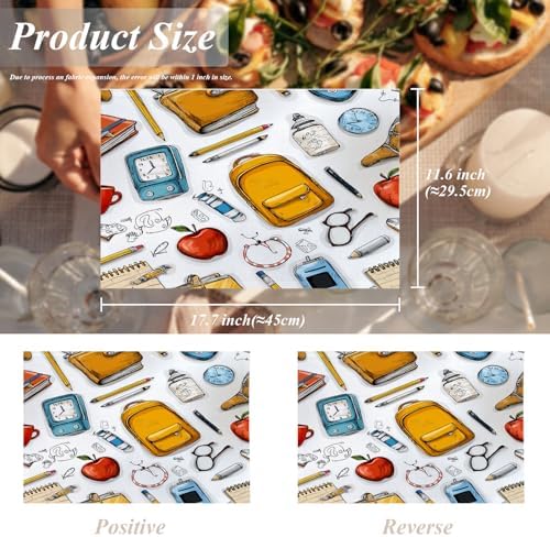 Shrahala School Bag Pencil Placemats, Notebook Clock Table Mat Linen Burlap Washable Double-Deck Heat Insulation for Dining Table Kitchen Table Set of 4 (12 x 18 inch)